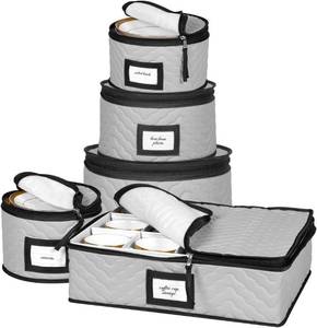 lot 26494 image: China Storage Containers 5-Piece Set Moving Boxes for Dinnerware, Glasses, Plates, Mugs and Saucers Sturdy Quilted Microfiber Dish Organizer with Dividers for Seasonal Storage - Holds Set of 12, Gray - Retail $38