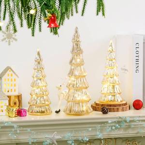 lot 26495 image: Gold Mercury Glass Christmas Tree Set of 3, Light up Christmas Trees for Holiday Tabletop Centerpiece Mantel Decor - Retail $44
