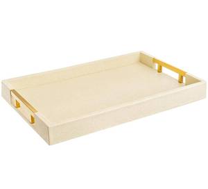 lot 26514 image: Modern Elegant 17.5x12 Rectangle Cream Rectangle Shagreen Faux Leather Decorative Tray Ottoman Tray Coffee Table Perfume Living Room Kitchen Serving Tray with Gold Polished Metal Handles. - Retail $35