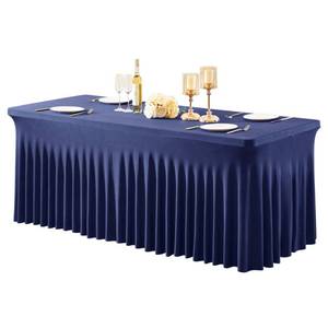 lot 26518 image: 1 Pack Navy Blue Table Clothes for 8 Foot Rectangle Tables, One-Piece Wrinkle Resistant Stretch Spandex Table Covers with Table Skirt for Event Banquet Wedding Birthday Party - Retail $28