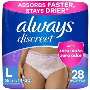 lot 26547 image: Always Discreet Adult Incontinence Underwear for Women and Postpartum Underwear, Large, Up to 100% Bladder Leak Protection, 28 Count - Retail $19