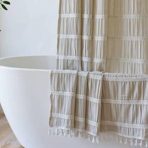 lot 26550 image: Siiluminisoy Cream Shower Curtain Fabric Rustic Shower Curtain Farmhouse Striped Cotton Blend Thick Boho Shower Curtains for Country Bathroom Decor, (Beige, 72 x 72) - Retail $23