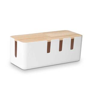 lot 26557 image: Cable Management Box by Baskiss, 12x5x4.5 inches, Wood Lid, Wire Organizer for Desk TV Computer USB Hub System to Cover and Hide & Power Strips & Cords - Retail $14