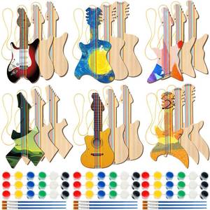 lot 26565 image: Syhood 36 Pcs 18 Sets DIY Wood Guitar (6 Difference Designs) with Pigments (6 Colors), DIY Wood Instruments Gift for Crafts Art Birthday Music Theme Party(Trendy Style) - Retail $28