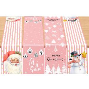 lot 26567 image: 4 Pcs Pink Christmas Decorations 13 x 72 Inch Christmas Table Runner Santa Claus Tree Snowflake Snowman Table Runner for Kitchen Dining Party Decoration