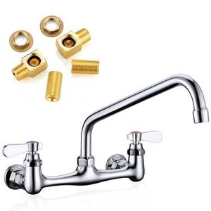 lot 26573 image: Favorpo Wall Mount Faucet 8 Inch Center Commercial Kitchen Faucet, 12 Inches Swivel Spout Wall Mounted Restaurant Sink Faucets 2 Handle Commercial Faucets for Laundry Utility(Polished,12) - Retail $76