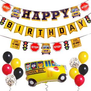 lot 32704 image: Pirese Wheels on the Bus Birthday Banner Kit, School Bus Party Decorations with Balloons, Yellow Bus Theme Decor for Kids Birthday Party - Retail $16