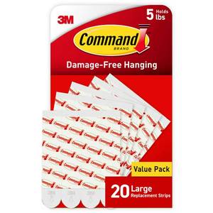lot 32714 image: Command 5 lb Indoor Large Replacement Strips, 20 Strips, Damage-Free Wall Hanging, Re-Hang Large Hooks for Home and Wall Decor, White Adhesive - Retail $11