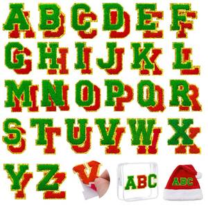 lot 32719 image: 52 Pcs Red Green Christmas Patches Embroidered Chenille Letter Patches Self Adhesive for Clothing,A-Z Letter Stickers Sew on Repair Patches for Jackets Hats Backpacks - Retail $16