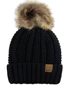 lot 32739 image: C.C Thick Cable Knit Faux Fuzzy Fur Pom Fleece Lined Skull Cap Cuff Beanie, Black - Retail $15