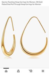 lot 40417 image: Gold Plated Teardrop Pull Through Hoop Earrings 14 kt - Retail $12