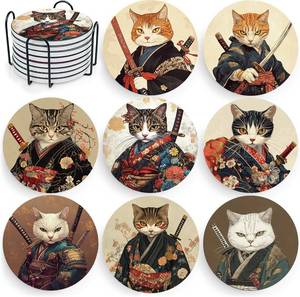 lot 40434 image: Ninja Cat Coasters Set of 8 Ceramic Cat Lover Gift Coasters with Holder for Table Bar Desk Anime Cat Decor - Retail $17