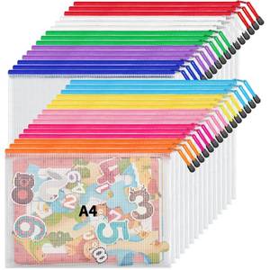 lot 51131 image: JARLINK A4 Letter Size 30 Pack 10 Colors Zipper Mesh Document Pouch, Mesh Bags for Board Games & Puzzles, Waterproof Document Zipper Pouches for Office School Supplies, Toys, Cosmetics Travel Storage - Retail $22