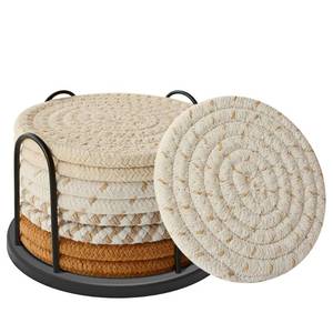lot 51146 image: Lazebox Coasters Set of 8 for Drinks, Beer, Coffee, Cotton Woven 4 Colors Absorbent Coaster with Holder, Boho Coasters for Home Decor Tabletop Protection Suitable for Kinds of Cups, Coffee - Retail $8