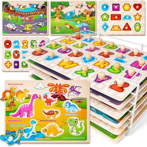 lot 59415 image: SYNARRY Wooden Puzzles for Toddlers 1-3, 6XSET Puzzles for Toddlers 2-4 with Rack, Learning Alphabet Number Shape Animal Dinosaur, Toddler Valentines Day Easter Basket Stuffers Gifts Toys for Boy Girl - Retail $35
