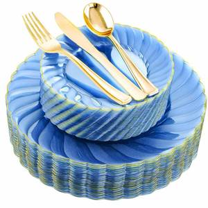 lot 59434 image: YOUBET 125PCS Clear Blue Gold Plastic Plates - Blue Disposable Plates With Gold Rim Include 25 Dinner Plates 25 Dessert Plates 75 Golden Silverwares for Wedding Birthday & Parties - Retail $26