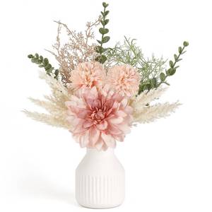 lot 59437 image: Mkono Small Artificial Flowers in Ceramic Vase 13.5 Centerpieces Coffee Table Decor, Silk Flower Arrangements for Home Decor Indoor Fake Flower Bouquet for Bathroom Dining Room Kitchen Wedding Pink - Retail $19