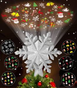 lot 59438 image: Tsorode Christmas Tree Topper Lighted,Star Tree Topper with Projector Built-in LED Rotating Lights with 6 Projection Modes,3D Glitter Dynamic Projection Christmas Decorations (Snowflake) - Retail $23