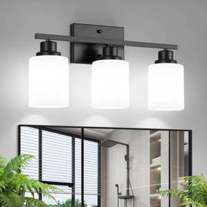 lot 59442 image: Ascher Bathroom Light Fixtures, 3-Light Vanity Light Over Mirror, Black Wall Sconces with Milky White Frosted Glass Shades, Wall Lamp for Living Room Bedroom, E26 Base(Bulbs Not Included) - Retail $50