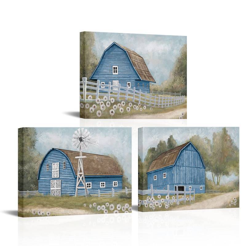lot 25976 image: HOMEOART Farmhouse Wall Art Country Barn Painting Picture Farmhouse Wall Decor Framed Ready to Hang 12x16inch 3pk (Blue) - Retail $29