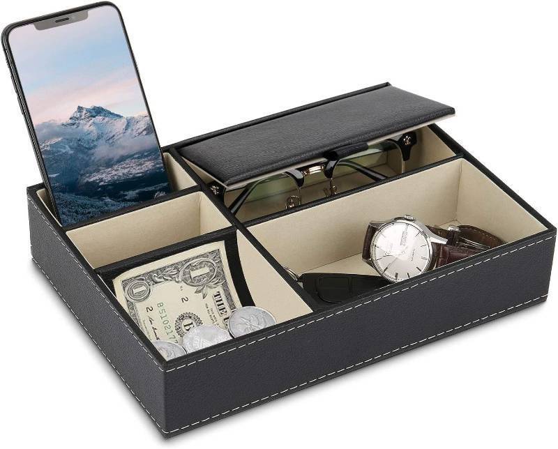 lot 26023 image: Baoyun Mens Valet Tray Organizer, Mens Jewelry Box, Nightstand Organizer for Men with 5 compartments, Faux Leather Key Tray for Entryway Table, Bedside Storage for Watch, Coin, Phone Gifts for Men - Retail $17