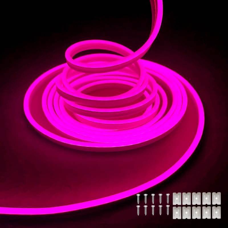 lot 30167 image: Maxlaxer Pink LED Neon Strip Light 16.4ft5m 12V DC Waterproof Flexible Light Strip for Indoor and Outdoor Decor, Bedroom, Kitchen, Party, TV Backlight.(Power Adapter not Included) - Retail $17