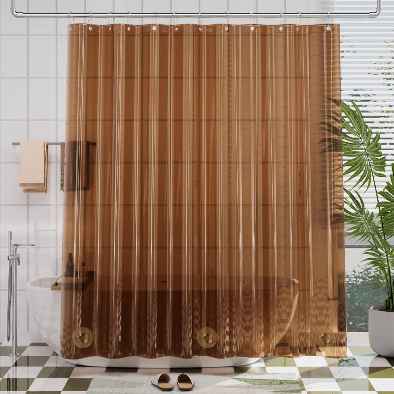 lot 30206 image: AmazerBath Premium EVA Shower Curtain Amber, Luxury Clear Brown Jelly-Like Soft Waterproof Shower Curtain with 3 Weighted Stones and 12 Grommets, Recyclable Packaging - Retail $14