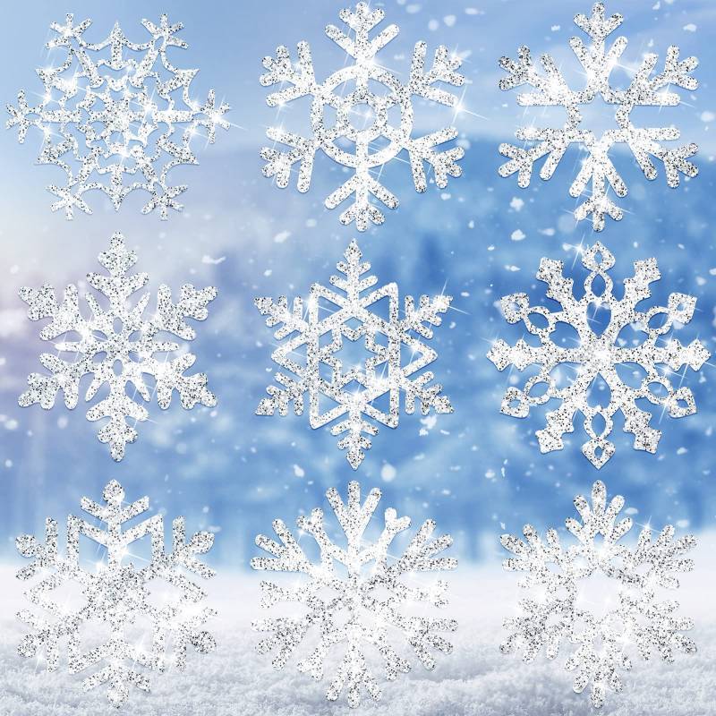 lot 51915 image: Zonon 45 Pieces Snowflake Cutouts Decorations, Winter Christmas Snowflake Paper Cutouts with Glue Point Dot for Bulletin Board Winter Party Home Class Office Decor Accessories (Silver) - Retail $7