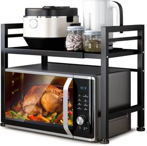 lot 3928 image: DOLALIKE Microwave Oven Rack, Expandable Microwave Stand Countertop Kitchen Utensils Tableware Storage, Carbon Steel Over Microwave Shelf Countertop with 3 Hooks (Missing Hardware) - Retail $34