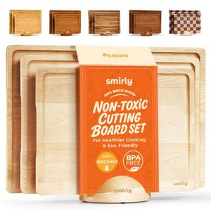 lot 3936 image: SMIRLY Wood Cutting Boards for Kitchen Wooden Chopping Board Set Reversible with Deep Juice Grooves Grip Handles, Large Charcuterie Tray for Home Kitchen, Natural Birch, 3Pcs with Holder - Retail $70