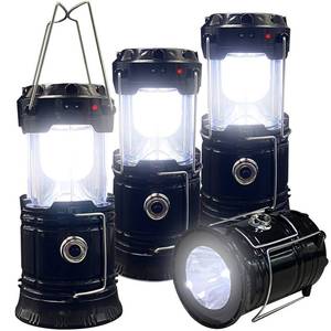 lot 26591 image: Collapsible Portable LED Camping Lantern XTAUTO Lightweight Waterproof Solar USB Rechargeable LED Flashlight Survival Kits for Indoor Outdoor Home Emergency Light Power Outages Hiking Hurricane 4-Pack - Retail $30