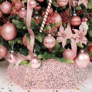 lot 26592 image: XmasExp Christmas Tree Collar, 33.5 inch Sequin Tree Skirt Stand Base Cover for Home Decor, Large Size 6 Piece, Rose Gold - Retail $40