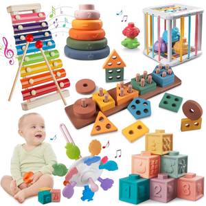 lot 26593 image: Montessori Baby Toy for 1 Year Old Sorting Stacking Learning Toys 6 to 12 Months Wooden Building Blocks, Xylophone Musical, Infant Teethers Toys for Baby, 6 in 1 Toy Birthday Gifts for Toddlers 1 2 3 - Retail $35