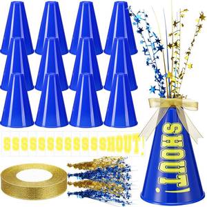 lot 26595 image: Rotatingpals 12 Pcs Blue Cheer Megaphone Bulk, Plastic DIY Megaphone Party Accessory, Cheerleading Centerpiece Decor for School Cheers Sports Match Game Outdoor Activities(Shout,Blue, Gold) - Retail $31