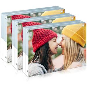 lot 26596 image: ILYXY 3 Pack Acrylic Frame 3.5x5, 20% Thicker, 20mm Thick Frameless Clear Picture Frame, Double Sided Magnetic Photo Frame, Free Standing Desktop Display Stand Acrylic Picture Frames - Retail $24