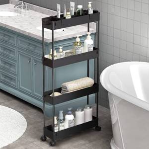 lot 26601 image: SPACELEAD Slim Storage Cart 4 Tier,Bathroom Organizer Rolling Utility,Mobile Shelving Unit Slide Out for Office, Kitchen, Laundry Room & Narrow Places,Black - Retail $20