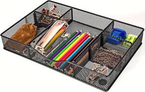 lot 26614 image: VyGrow Desk Drawer Organizer Tray, Metal Mesh Drawer Organizers Office, 6 Adjustable Compartment, Desk Organizer Tray for Home Office 12.87L x 8.73D x 1.96H inch, Black, 1PC Medium - Retail $16