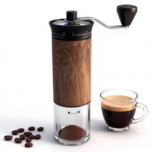 lot 26624 image: LAMIDO Mini Manual Coffee Grinder - 56 External Grind Settings, Stainless Steel Body & Crank, Ceramic Burr, Portable Hand Grinder for Travel, Camping, Home Brewing - Wood Grain - Retail $20