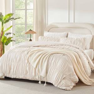 lot 26631 image: Andency Ruched Beige Queen Comforter Set, Shabby Chic Pleated Bedding Sets 3 Pieces, Lightweight Soft Boho Ruffle Bed Set for Girls, Kids, Women, All Season - Retail $66