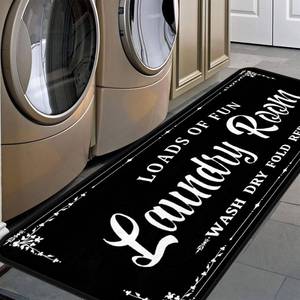 lot 26636 image: Black-1 Farmhouse Laundry Room Rug Runner, Non-Slip Floor Mat, Waterproof for Kitchen, Bathroom, and Mudroom Decor 20x48 - Retail $20