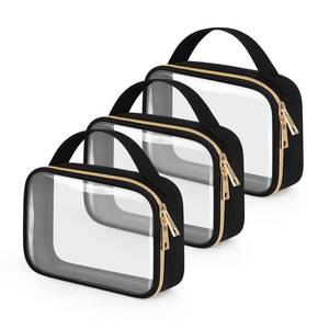 lot 26640 image: Wedama TSA Approved Toiletry Bag, 3 Pack Clear Makeup Bags with Handles, Quart Size Clear Toiletry Bags, PVC Cosmetic Bags for Women and Men, Carry on Airport Airline Compliant Bag, Black - Retail $16