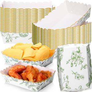 lot 32777 image: Havawish 27 Pack Sage Green Floral Plates Paper Food Trays Scalloped Disposable Food Boat Nachos Snack Hot Dog Taco Serving Trays for Birthday Bridal Shower Wedding Tea Party Decoration Supplies - Retail $17