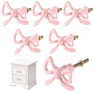 lot 32792 image: Oqqlin 6 Pcs Pink Bow Dresser Knobs, Metal Decorative Drawer Pulls with 1.4 Inch Long Screws Vintage Dressers Handles for Wardrobe, Cupboard, Dresser, Tables Decor - Retail $15