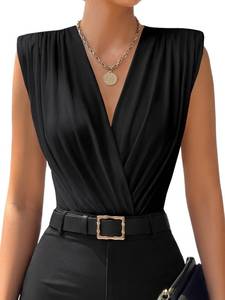 lot 32803 image: LYANER Womens Wraped V Neck Ruched Sleeveless Tank Leotard Bodysuit Tops Black Medium - Retail $36