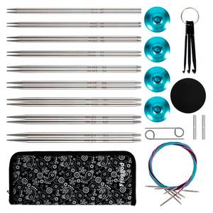 lot 32804 image: Froggod 5-Inch Aluminum Lace Interchangeable Circular Knitting Needle Set, Sizes US 0, 1, 2, 3, 4, 5, 6, 7, 8 Interchangeable Knitting Needles Lace-Tip with 4 Assorted Cables with Project Bag - Retail $43