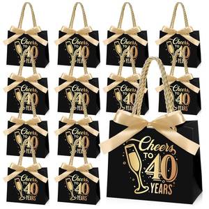 lot 51176 image: Clysee 25 Pcs Mini Birthday Gift Bags with Handles Black and Gold Party Favor Bags Bulk for Birthday Wedding Anniversary Supplies Decorations, 5.51 x 2.36 x 4.72 Inches (Cheers to 40) - Retail $18