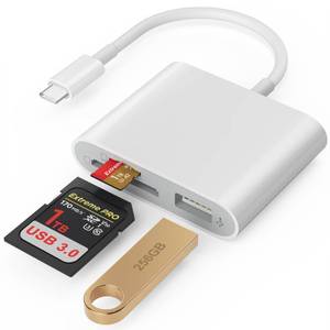 lot 51192 image: SD Card Reader, USB 3.0 Type C High Speed to SDTF Card Adapter for iPhone 171615 Pro Max Memory Card Reader with SD MicroSD USB 3 Port for MaciPadMacBook ProAir Android Phone Tablet(White) - Retail $9