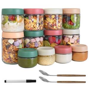 lot 59454 image: 12Pack Overnight Oats Containers with Lids, 16oz, 8oz & 4oz Glass Jars with Airtight Lids, Wide mouth Mason Salad jars, Glass Food Storage Containers for Yogurt Chia Pudding Snacks Cereal & Spices - Retail $23