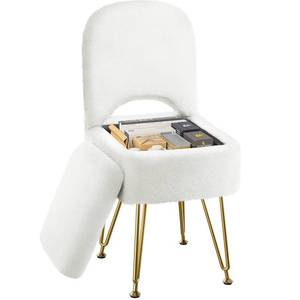 lot 59455 image: GREENSTELL Small Vanity Stool Chair with Storage and Folding Back, 13.4 x 15 x 30 Square Faux Fur Soft Ottoman, 4 Metal Legs with Anti-Slip Feet, Furry Padded Seat for Makeup, Bedroom, White - Retail $50