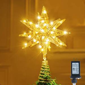 lot 59461 image: JOIEDOMI 7.8 Metal 3D Star Christmas Tree Topper Golden Glitter Decorations with 56 LED Warm White with Plug Timer Ornaments Treetop Home Holiday Party Indoor Decor - Retail $30